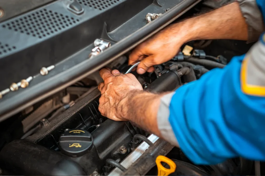 Auto mechanic inspecting vacuum hoses and engine bay connections during car maintenance service